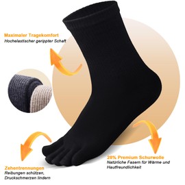 Warm-Han Thermal Toe Socks 28% Wool Warm Winter Stockings Ribbed Shaft Toe Stockings Five Finger Socks U209WR Black, black