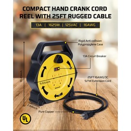 DEWENWILS Extension Cord Reel with 25 FT Power Cord, Hand Wind Retractable, 16/3 AWG SJTW, 4 Grounded Outlets, 13 Amp Circuit Breaker, Yellow, Black, UL Listed