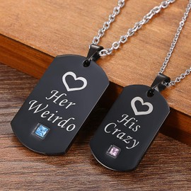 Cupimatch Couples Necklace with Engraving His Queen Her King for Him and Her Couple’s Stainless Steel Necklace with Zirconia Pendant 45 cm 55 cm Black