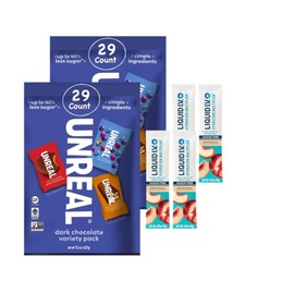 UNREAL DARK CHOCOLATE VARIETY PACK GLUTEN FREE 2 PACK OF 15.4 OZ (11 Dark Chocolate Peanut Butter Cups , 9 Dark Chocolate Peanut Gems , 9 Dark Chocolate Caramel Peanut Nougat Bars ) Plus Bonus 2 Sugar-Free White Peach Hydration Sticks