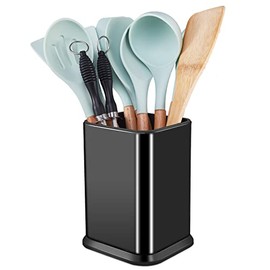 RedCall Stainless Steel Kitchen Utensil Holder for Countertop,Large Cooking Utensils Organizer for Spatula Spoon,Weighted Base Modern Rectangular Utensil Caddy Kitchen Counter,Utensil Crock (Black)