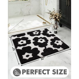 LUMI Bath Mat Rug 32"x32", Plush Non-Slip Absorbent Flower Bathroom Mat, Ultra Soft Washable Shower Rugs, Stylish Floral Square Shaped Carpet for Floor, Bathtub, Home Decor, Black Flower