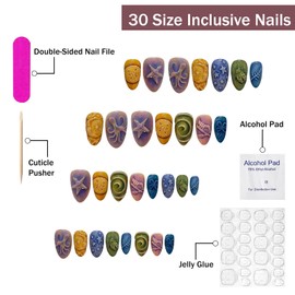 Almond Press on Nails Medium SWEKKE Fake Nails Vintage False Nails with Shamrock Moon Stars Octopus Designs Glossy Glue on Nails Full Cover Stick on Nails for Women Girls 30Pcs