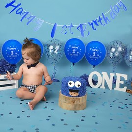 Boys Happy 1st Birthday Banners Blue Happy First Birthday Banner Bunting Including 12 Pack 12” Latex Printed Balloons Boys Happy 1st Birthday Decorations Supplies