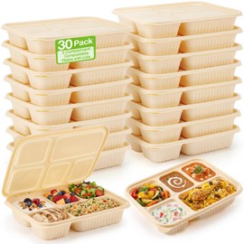 Havawish 30 Pack(60 Pcs) 5 Compartments Compostable Plates with Lids