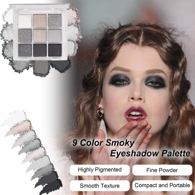 EONFAVE Smoky Eyeshadow Palette - 9 Colours Black Grey White