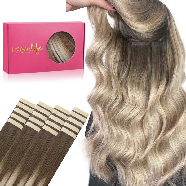 WENNALIFE Tape-in Extensions, Real Hair, Set of 20, 50 g, 14 Inches (35 cm), Sand Brown to Platinum Blonde, Remy, Invisible Tape, Silky Straight, Skin Weft Tape Ins