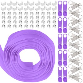 Swpeet 1 rollo de 10 yardas de cinta de cremallera de nailon color lila claro con kit de surtido de 20 piezas de deslizadores de cremallera emparejados, juego de cremallera sin fin de repuesto con