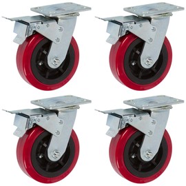 6 inch x 2 inch PRO-TECH Polyurethane Non-Marking Heavy Duty Casters with Total Lock Brakes, 3600 LBS Load Capacity, RED (4 Pack) - ICON 6660 Series