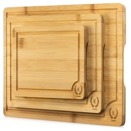 Bamboo Cutting Boards Set of 3 – Durable Wooden Chopping Boards with Deep Juice Grooves & Handles – Easy to Clean Serving & Cutting Board Set for Kitchen, Meat, Vegetables, Cheese, Gifts