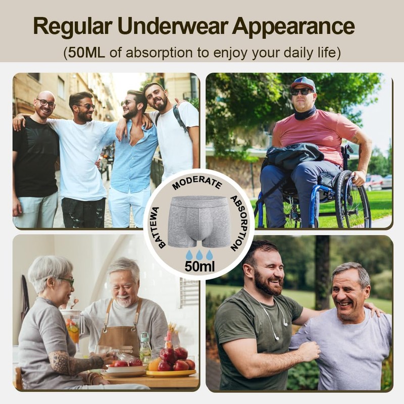 Battewa Incontinence Underwear for Men Boxer Briefs Washable Urinary Absorbent