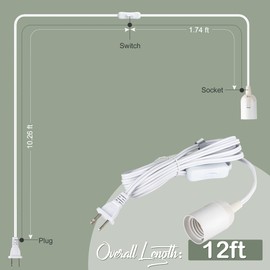 JACKYLED Extension Hanging Lantern Cord Cable UL 12Ft E26 E27 Socket On/Off Switch Plug in Pendant Lighting for Kitchen Bedroom Plant Growth Light