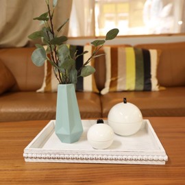 Hrastany Wood Decorative Coffee Table Serving Tray, Farmhouse Rectangular Tray with Wooden bead for Ottoman, Entertaining, Home Decor, 15.7”*11.8”*1.57” (Whitewashed)