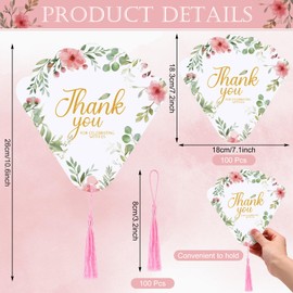 Spakon 100 Set of Wedding Paper Fans Bulk with Silky Tassels Wedding Handheld Fans for Program Ceremony Assembled Paper Fans Wedding Fan for Wedding Guest Party Favors (Pink,Flowers)