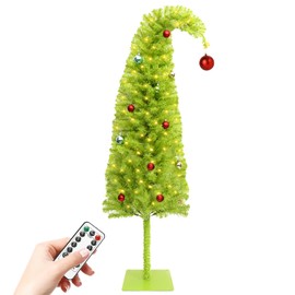 Obralitic 5FT Whimsical Lime Green Christmas Tree with 150 LED Timer Lights and Balls Ornament, Bendable Artificial Pencil Tree with Metal Base for Home Office Apartment Holiday Party Decoration