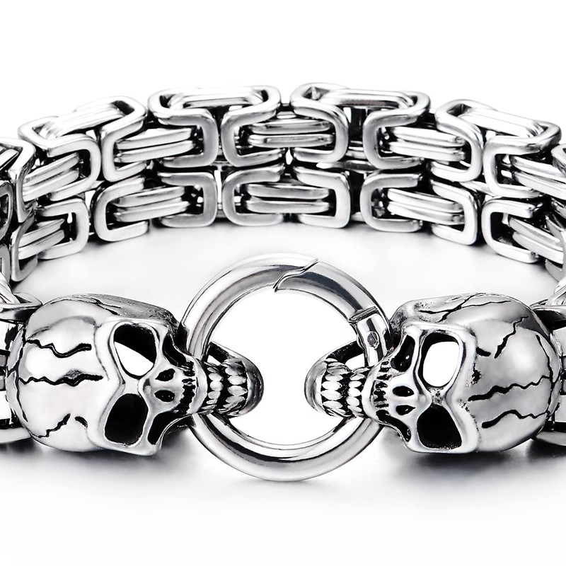 Mens Stainless Steel Two-strand Braided Byzantine Chain Bracelet with Skulls