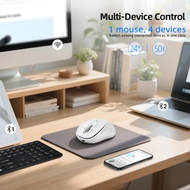 Wireless Bluetooth Mouse Rechargeable,USB+BT×2,Multi Device Quiet Ergo Computer Mouse,Metal 4-Way Super Scrolling,± 3200 DPI,10 Button,Plug&Play,Cordless Mice for Laptop,Tablet,Mac,iPad,PC,Phone-White