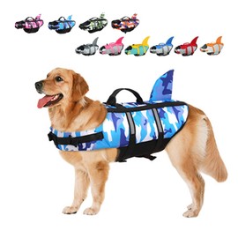 Large Dog Life Jacket Shark, Dog Swimming Safety Vest with Reflective Stripes & Rescue Handle, Adjustable High Buoyancy S/M/L Dog Swim Life Preserver for Water at Pool, Beach, Boating Camo Blue S