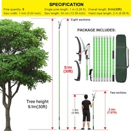 30 Feet Tree Pole Pruner Manual Branches Trimmer Tree Branch Garden Tools Loppers Hand Pole Saws Extendable Height Adustable System for Sawing and Shearing