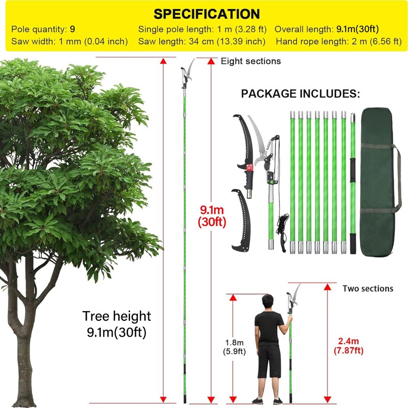30 Feet Tree Pole Pruner Manual Branches Trimmer Tree Branch