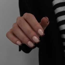Brown French Tip Nails, Press Ons - Short Square Nails, Glue Ons for Women - Acrylic & Gel, Natural Thick Extra Short - 30Pcs, 15 Sizes