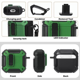 Case Cover Compatible with 2024 Airpods 4th Generation,Tpu Material with Lock Cover and Keychain Hook,Double-Layer Dustproof and Shockproof Solid Shell,Led Light Visible (Black-green)