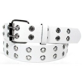 White 2 Holes Row Silver Grommets Bonded Leather Belt Removable Buckle - Size: Large