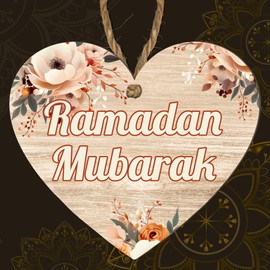 Eid Mubarak, Hajj Mubarak, Umrah Mubarak, and Bismillah Floral Heart Plaque - Islamic Hanging MDF Sign for Eid, Hajj, Ramadan Decor, Umrah Welcome Gift, Islamic Home Decor, (Ramadan Mubarak)