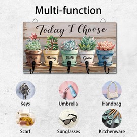 DELORIGIN Potted Succulents Plants Key Holder Key Hooks Wall Mounted Wooden Key Racks with 5 Hooks Key Storage Organizer House Key Hanger for Wall Decor Door Entryway Hallway Kitchen New Home Gift