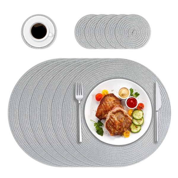 HPMAISON Grey Round Placemats and Coasters Set of 6, Polypropylene Braided Woven Table Mats Heat-Resistant Washable Kitchen Dining Place Mats Set of 6 for Home, Restaurant Hotel, Outdoor, Party