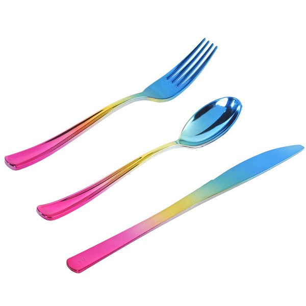 Supernal 120pcs Rainbow Silverware,Gold Plastic Silverware,Rainbow Plastic Cutlery,Rainbow Party Flatware,Pink and Gold Silverware,Elegant Plastic Durable Cutlery,40 Forks,40 Knives and 40 Spoons