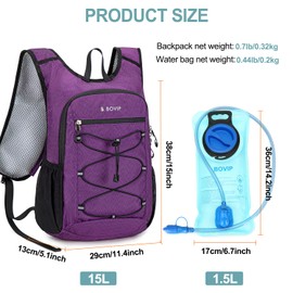 BOVIP Lightweight Hydration Back,15L Multipurpose Hiking Backpack with 1.5L Water Bladder ,Hydro Water Daypack for Cycling Hiking Rave for Men Women
