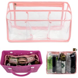WZLMOUAO Clear Beach Bag Organizer, Compatible with Small Bogg Bag, Waterproof TPU Insert Divider with 6 Pockets and 1 Zip Pocket, Transparent Bogg Bag Accessories (Small Pink)