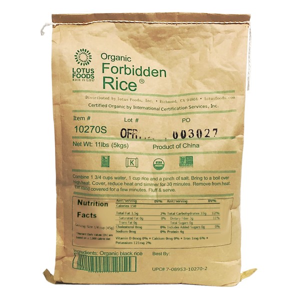 Lotus Foods Bulk Organic Forbidden Black Rice – Gluten-Free, Gourmet & Certified Organic Heirloom Whole Grain Rice, 11 pounds (1 pack)