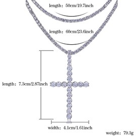 JINAO Iced Out Cubic Zircon Round Cut Long Cross Silver Diamond Pendant Necklace for Men Women Stainless Rope Chain