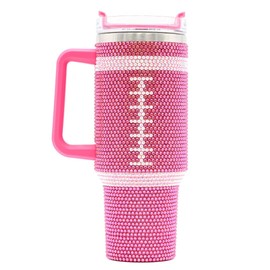 SEM LIFE 40 Oz Rhinestone Bling Tumbler Cup with Handle and Straw (PINK FOOTBALL), Stainless Steel and Double Wall Insulated
