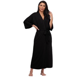 FADSHOW Women's Cotton Kimono Robe Long Knit Bathrobe Sexy V-Neck Nightgown Lightweight Sleepwear,Black,S