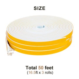 Yotache White Doors Windows Weather Stripping 3 Rolls 3/8 Inch Wide X 1/8 Inch Thick, Foam Insulation Sealing Gasket Tape for Doors, Sliding Door, Total 50 Feet Long (3 X 16.5 Ft Each)