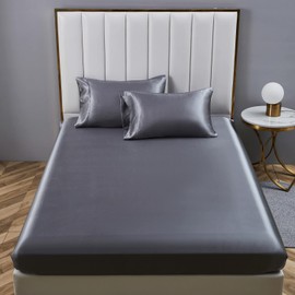 Boqingzhu Satin Fitted Sheet 180 x 200 cm Grey Dark Grey Anthracite Plain Silk Fitted Sheet Microfibre Bed Sheet for up to 30 cm Mattress
