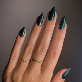 KQueenest Dark Green Press On Nails, Medium Almond, Acrylic Nails for Sticking, Natural Plain Fake Nails, Fingernails for Gluing, Shiny Gel, Full Cover False Nails for Women, Pack of 24