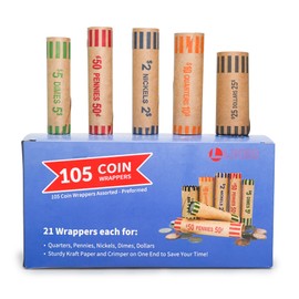 L LIKED 105 Assorted Preformed Coin Wrappers 21 Quarters, 21 Pennies, 21 Nickels 21 Dimes and 21 Dollars (105 pcs)