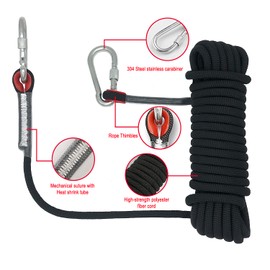 Outdoor Climbing Rope Diameter 10mm Outdoor Static Rock Climbing Rope, High Strength Cord Safety Rope Braid Nylon Rope, Escape Rope Fire Rescue Parachute Rope with 2 Carabiner, Black Length 10m