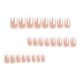 White French Tip Press on Nails Medium Square Fake Nails Chrome False Nails Mirror Effect Glossy Acrylic Stick on Nails Magic Pearlescent Nude Full Cover Artificial Nails for Women Manicure 24Pcs