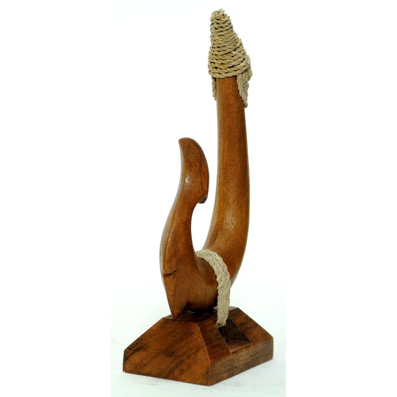 7" Hand Carved Wood Hawaiian Makau Fish Hook on Base