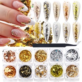 Holographic Nail Glitter Foils,10 Jars Sparkly Gold Foils Flakes for Nails,Ultra-Thin Aluminum Foil Sequins Paillettes Design Nail Chunky Glitter Acrylic Powder Nail Supplies for Manicure Charms Decor