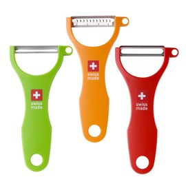 Swiss Peeler Vegetable & Potato Peelers for Kitchen, Original Swiss Made Ergonomic Kitchen Peelers for Effortless Prep - Pack of 3 (Green + Orange + Red)
