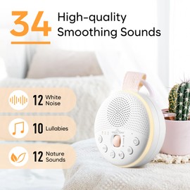 Easy@Home White Noise Machine: Portable Baby Sound Machine 34 Soothing Lullabies & Nature Sounds | 3 Timer Set | Night Light | Baby Essentials for Newborn | High Exact Roller Volume Control & USB