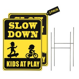 2 Pcs 16x12 Inch Double Sided printing Slow Kids and Pets Play Signs,Kids at Play Safety Signs for Street with H Metal Stake-Weatherproof,Child Safety Caution for Neighborhoods Easy to Install