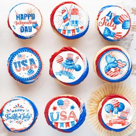 Gyufise 54Pcs Edible Independence Day Cupcake Toppers Wafer Paper 4th of July American National Day Cupcake Toppers Edible USA Cupcake Picks for Patriotic Theme Party Decor Supplies Multi