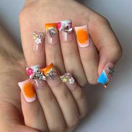 MXYIYANR Press On Nails - Handmade Nails Yellow Duck Nails for Women, French Pearl Tips Luxury Reusable Stick On Fake Nails, DIY Art Decorate with Nail File Kit (SIze S)